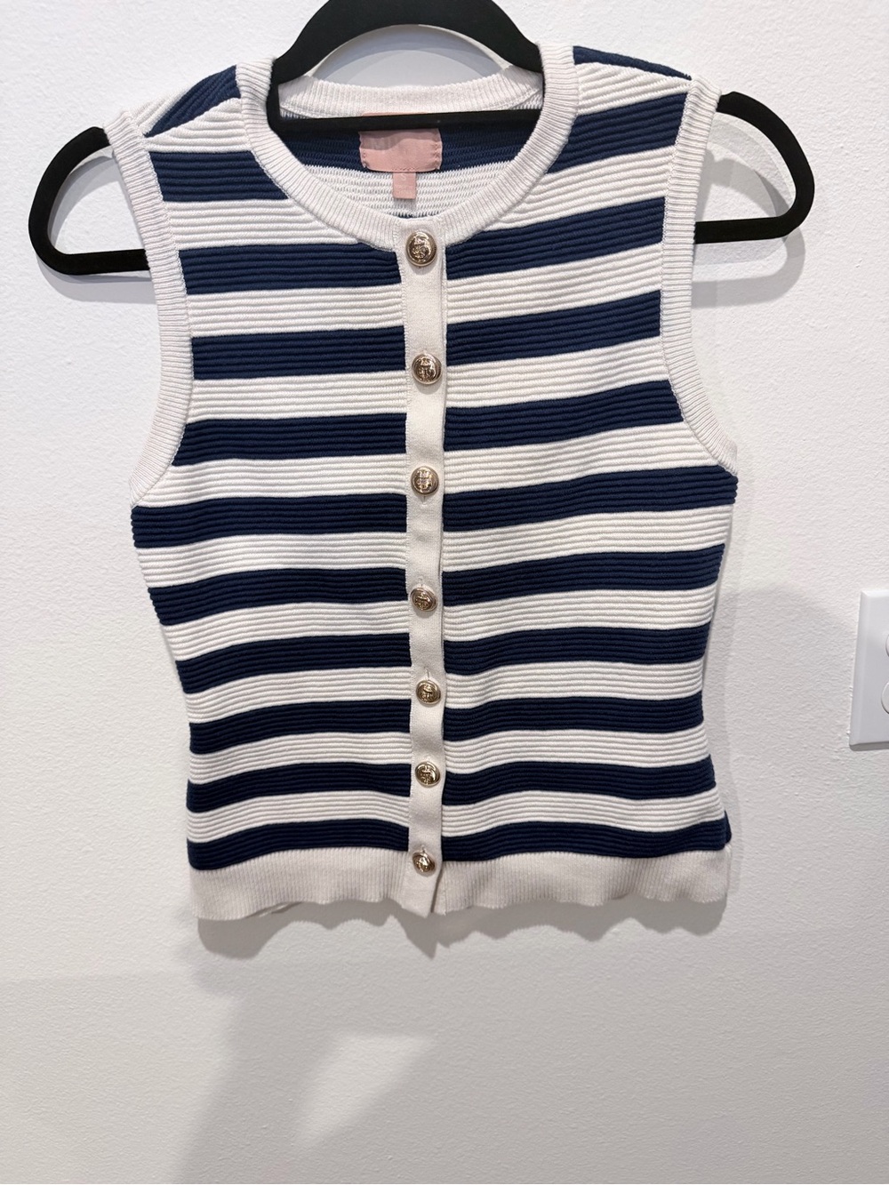 Show Me Your MuMu Navy and White Striped Button-Front Sleeveless Knit Top